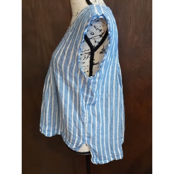 Lands End Women's 12P Petite Top Blouse 100% Linen Blue Stripe Sleeveless Hi low - Picture 3 of 7